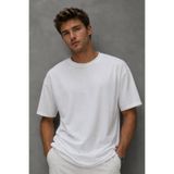 AFVENTE Erkek %100 Pamuk Kalın Dokulu Oversize Fit Yuvarlak Yakalı T-Shirt Beyaz