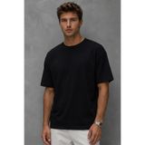 AFVENTE Erkek %100 Pamuk Kalın Dokulu Oversize Fit Yuvarlak Yakalı T-Shirt Siyah