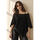 AFVENTE Kadın Asimetrik Dökümlü Oversize Viskon Pelerin Triko Bluz Siyah