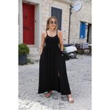 Ag Shoppings Kadın Sırttan Çapraz Bağcıklı Yırtmaçlı Cepli Viskon Elbise - 2XL - 3XL - Siyah