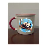 Ağaçta Panda Baskılı Kırmızı Ağızlı Kupa Bardak - Seramik Çay, Kahve Hediyelik Bardağı - Krem - 1 Adet