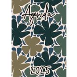 Agenda 2025: Fleurs Bohèmes | Semainier (une semaine sur deux pages) | Moyen format - A5 | 15x21 cm | Planning hebdomadaire vertical | Colonnes | Femme | Vert kaki & bleu | Art minimaliste | Artiste