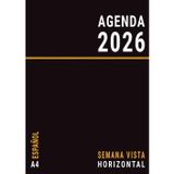 Agenda 2026 Semana Vista Horizontal: A4 Español Negra , Planificador Semanal con Horas 12 Meses Anual Para Oficina , Enero a Diciembre