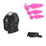 Ağız Tıkaçlı Esaret Maskesi + Silikon Üçlü Anal Tıkaç Seti Pembe + Takmalı Dildo Kemeri Bacaklı