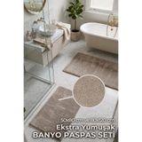 AGKHOME Queen 2’li Banyo Paspası Seti Bej 50x80 80x120 cm Kaymaz Taban Yumuşak Hızlı Emici Mutfak Antre Yatak Odası