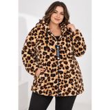 Agolady Kadın Büyük Beden Leopar Desenli Peluş Ceket Kapüşonlu Fermuarlı Yumuşak Polar Hırka