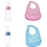 Agubugu Baby - Kaşıklı Mama Biberonu - Mavi + Silikon Bebek Mama Önlüğü - Mavi