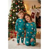 AHENGİM Çocuk Unisex Yılbaşı Desenli Uzun Kollu Pijama Takımı Kız Erkek Yeşil & Kırmızı 2’li Alt Üst Takım A