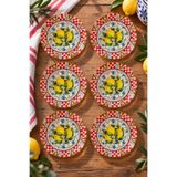 Ahenk Ev&Sofra 6’lı Cam Çay Tabağı – Limon ve Kırmızı Dama Desenli 12 cm – 6 Adet Çay Tabak