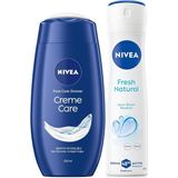 Ahes Creme Care Nemlendirici Duş Jeli 250ML ve Kadın Sprey Deodorant Fresh Natural 150ML, 48 Saat Koruma