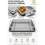 Ahes Fırın Içi Airfryer Sepeti ve Damlama Tepsisi Seti Fırın Tepsisi Hava Kızartma Sepeti Fırın Tipi Çıtır Sebze Tavuk Patates Kızartma Rafı 30X22 cm 304 Paslanmaz Çelik Inox 723428