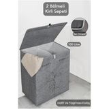AHİR Katlanabilir Keçe Deri 2 Bölmeli Çamaşır Kirli Sepeti Gri 53x33x60 Cm