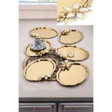 Ahir Ticaret 6 Adet Oval Papatya Çiçekli Kahve-Çay Servis Ve Sunum Tepsisi 25X20 Cm, Gold