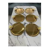 AHİR TİCARET 6'lı Kelebekli Yuvarlak Gold Sunum Tepsisi Dekoratif Servis Tepsisi Çay, Kahve 22 Cm