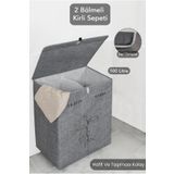 AHİR TİCARET Keçe Deri 2 Bölmeli Çamaşır Kirli Sepeti Çok Amaçlı Katlanır Oyuncak Saklama Hurcu Gri 53x33x60 Cm