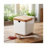 Ahl Shop 1 Adet Bambu Kapaklı Porselen Kaşıklı Tuzluk Saklama Kabı - Küp Tasarımlı Beyaz Seramik Baharatlık Tezgah Üstü Şeker ve Tuz Kabı (Küçük ve Büyük Boy Seçenekli Tekli Satış) (Büyük)