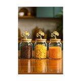 Ahl Shop 3’lü Bambu Kapaklı Ginkgo Figürlü Kavanoz Seti - Orta Boy Saklama Kabı 890ML