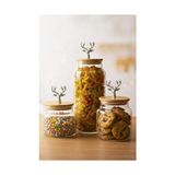 Ahl Shop 3'lü Bambu Kapaklı Gümüş Geyik Figürlü Şeffaf Cam Kavanoz Şeffaf Cam Saklama Kabı 635/890/1400ML