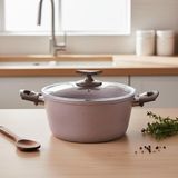 Ahl Shop Buzz 22 cm Derin Tencere - Shadow Krem Kırçıl Granit Efektli Yanmaz Yapışmaz Cam Kapaklı Çorba ve Yemek Tenceresi
