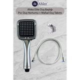 Ahlez Elite Kare Duş Başlığı + Pvc Duş Hortumu + Büyük Mafsal Duş Seti - Krom