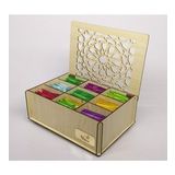 Ahşap Akça Renk Çay Kutusu 9 Bölmeli Kapaklı Poşet Bitki Çayı Saklama Kabı Tea Box ( Çaylar Dahil)