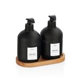 Ahşap Altlıklı Cam Sıvı Sabunluk Seti, Siyah Mat Cam, El ve Bulaşık Sabunu, 425 ml, 2 Parça, Banyo ve Mutfak için