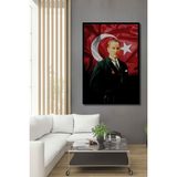 Ahşap Atatürk ve Türk Bayrağı - Dijital Tablo - Solmayan Canlı Renkler Çerçeve Görünümlü Duvar Tablo - 70 x 50 - Kırmızı
