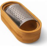 Ahşap Bambu Hazneli, Yatay Oval Metal Bombeli, Çok Amaçlı Ince Rende, 7 x 15,5 Cm, Peynir, Sarımsak, Sebze, Çikolata, Dayanıklı, Pratik Temizlenebilir, Ergonomik Mutfak Rende