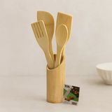 Ahşap Bambu Mutfak Servis Seti 5 Parça (Kaşık, Çatal, 2 Spatula, Stand) 27.5/30 Cm