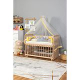 Ahşap Beşik Anne Yanı Beşik Organik 60x120 - Sarı Pembe Örgü Uyku Seti Seti + Yatak