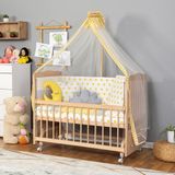 Ahşap Beşik Anne Yanı Beşik Organik (BOYASIZ) 60x120 - Sarı Yıldız Uyku Seti Yatak Tekerlekli