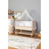 Ahşap Beşik Anne Yanı Beşik Organik(Boyasız) 60x120-Beyaz Güpür Uyku Seti + Yatak + Tekerlekli
