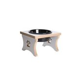Ahşap - Beyaz MDF - Köpek Su ve Mama Kabı - Beyaz MDF - Tekli Model - Büyük Irk - Sabit Ayak - Siyah Seramik Kase - 1000ml