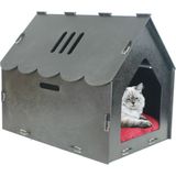 Ahşap Büyük Kedi Yatağı Premium Kalite Siyah Kedi Evi 50X35 cm Parlak Boyalı Çatılı Çizgili Model
