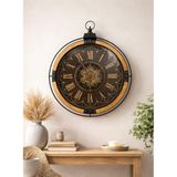 Ahşap Çarklı Duvar Saati, 70 cm, Siyah, Antik Stil, Yuvarlak, Pilli