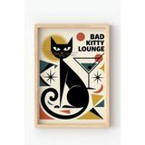 Ahşap Çerçeveli Bad Kitty Lounge Poster – Retro Tarzda Siyah Kedi Duvar Tablosu Çok Renkli 21 x 30