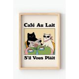 Ahşap Çerçeveli Café Au Lait Poster – Fransız Tarzı Kedili Duvar Tablosu Çok Renkli 30 x 40