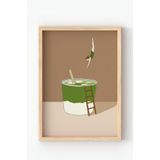 Ahşap Çerçeveli Dalış Figürlü Tablo – Yeşil Bardak Konseptli Minimal Modern Dekoratif Poster Kahverengi 30 x 40