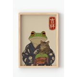 Ahşap Çerçeveli Japon Tarzı Kurbağa ve Kedi Tablo – Mistik Sanatsal Modern Dekoratif Poster Yeşil 30 x 40