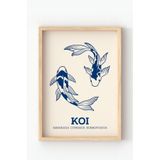 Ahşap Çerçeveli Koi Balığı Poster – Minimalist Japon Stil Duvar Dekoru Lacivert 30 x 40