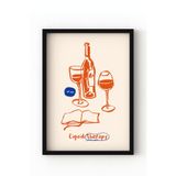 Ahşap Çerçeveli “Liquid Therapy” Poster – Şarap ve Kitap Temalı Minimal Çizim Sanat Tablosu Siyah Çerçeveli 21 x 30