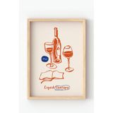 Ahşap Çerçeveli “Liquid Therapy” Poster – Şarap ve Kitap Temalı Minimal Çizim Sanat Tablosu Turuncu 21 x 30