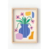 Ahşap Çerçeveli “Mavi Vazo ve Çiçekler” Poster – Soyut Modern Bitki Temalı Duvar Posteri Çok Renkli 30 x 40