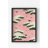 Ahşap Çerçeveli Pembe Bulut ve Kuş Poster – Minimal Doğa Desenli Duvar Tablosu Siyah 10 x 15