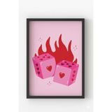 Ahşap Çerçeveli Pembe Zar ve Kalp Figürlü Poster - Modern Pop Art Duvar Tablosu Siyah 30 x 40