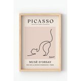Ahşap Çerçeveli Picasso Kedi Çizimi Poster – Minimalist Hayvan Figürü Duvar Tablosu Siyah 30 x 40