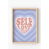 Ahşap Çerçeveli Self Love Club Poster – Retro Yazılı Duvar Dekoru Mavi 10 x 15