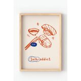 Ahşap Çerçeveli “Sushi Addict” Poster – Minimalist Japon Yemek Temalı Duvar Tablosu Kırmızı 10 x 15