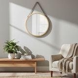 Ahşap Çerçeveli Yuvarlak Duvar Aynası 40 cm – Askılı Halatlı, Modern Minimal Dekoratif Ayna