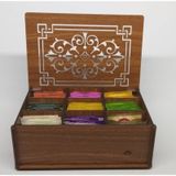 Ahşap Ceviz Renk Çay Kutusu 9 Bölmeli Kapaklı Bitki Çayı Saklama Kabı (Çaylar Dahil) Tea Box
